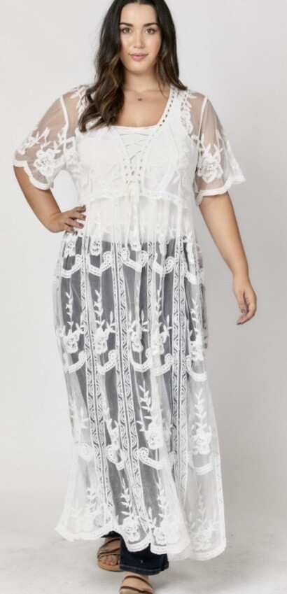 Davi & Dani Long Floral Lace Sheer Cover Up Dress White Plus 1XL/2XL 2XL/3XL New
