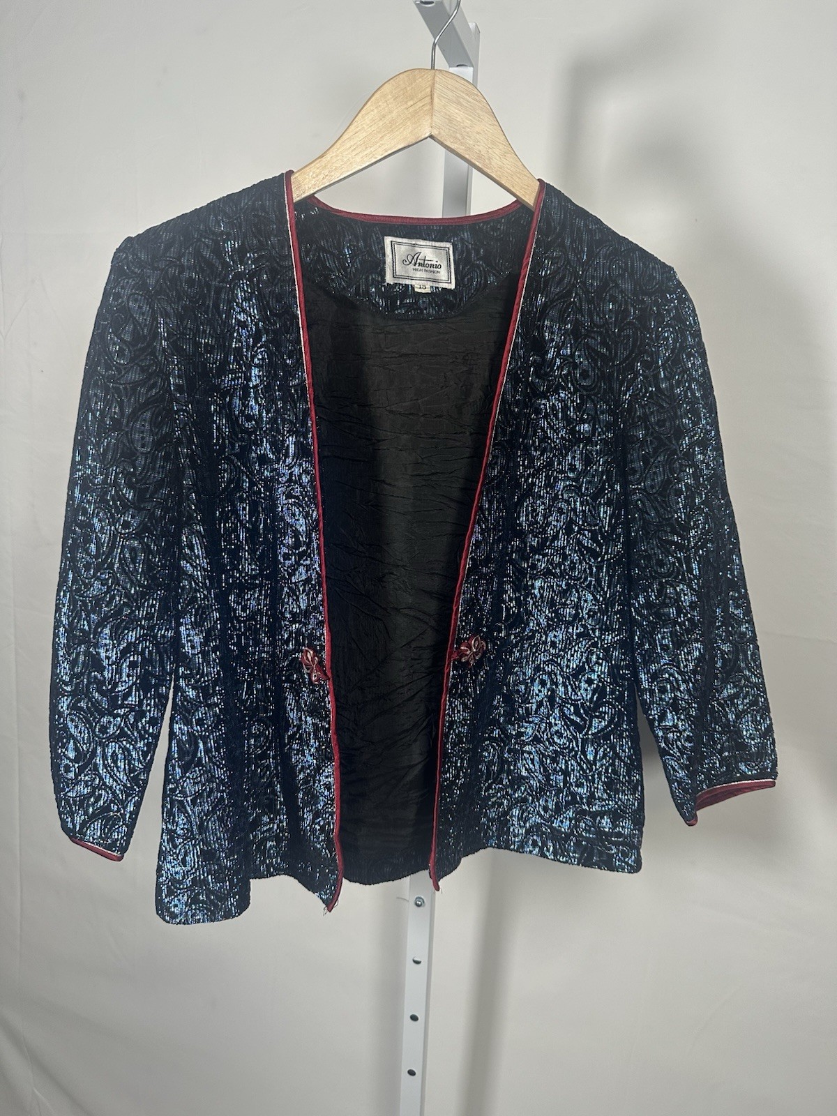 Antonio Blue Black Floral Short Jacket Lined Hook & Eye 3/4 Sleeve Women Size M