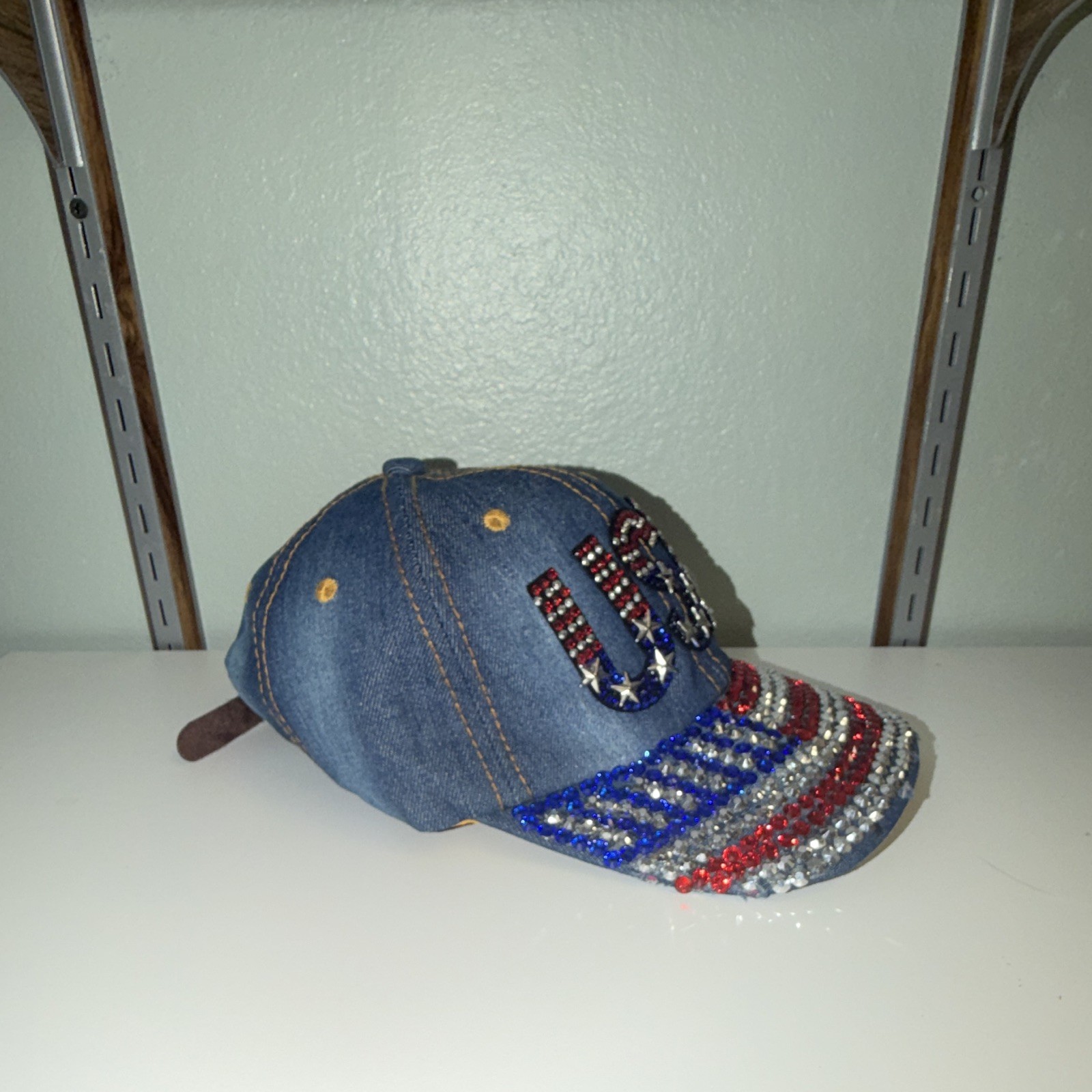 USA Red White Blue Rhinestone Baseball Cap Bling Studded Denim Hat NEW