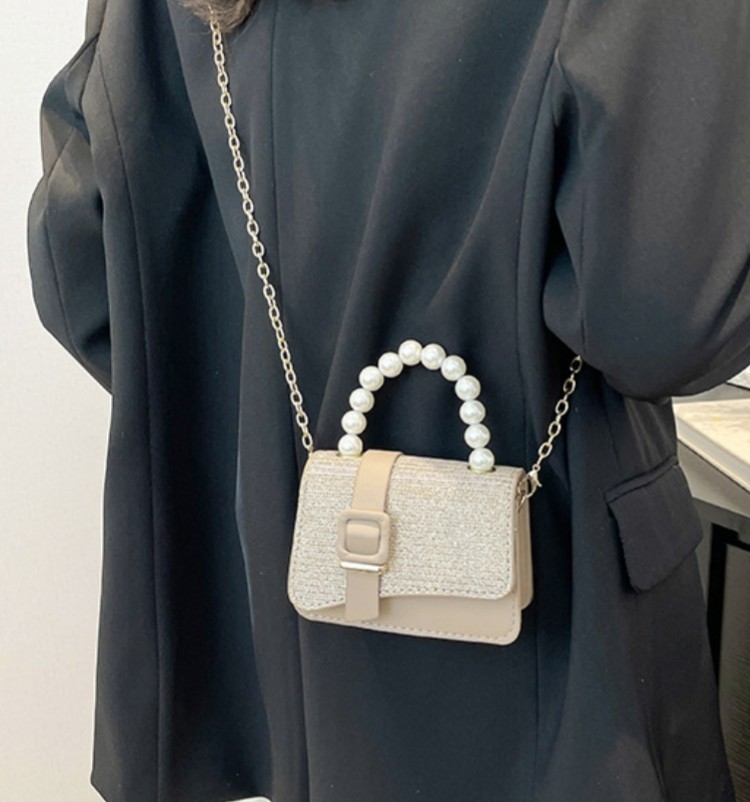 Khaki Solid Color Chain Shoulder Bag Pearl Crossbody Bag Top Handle Satchel