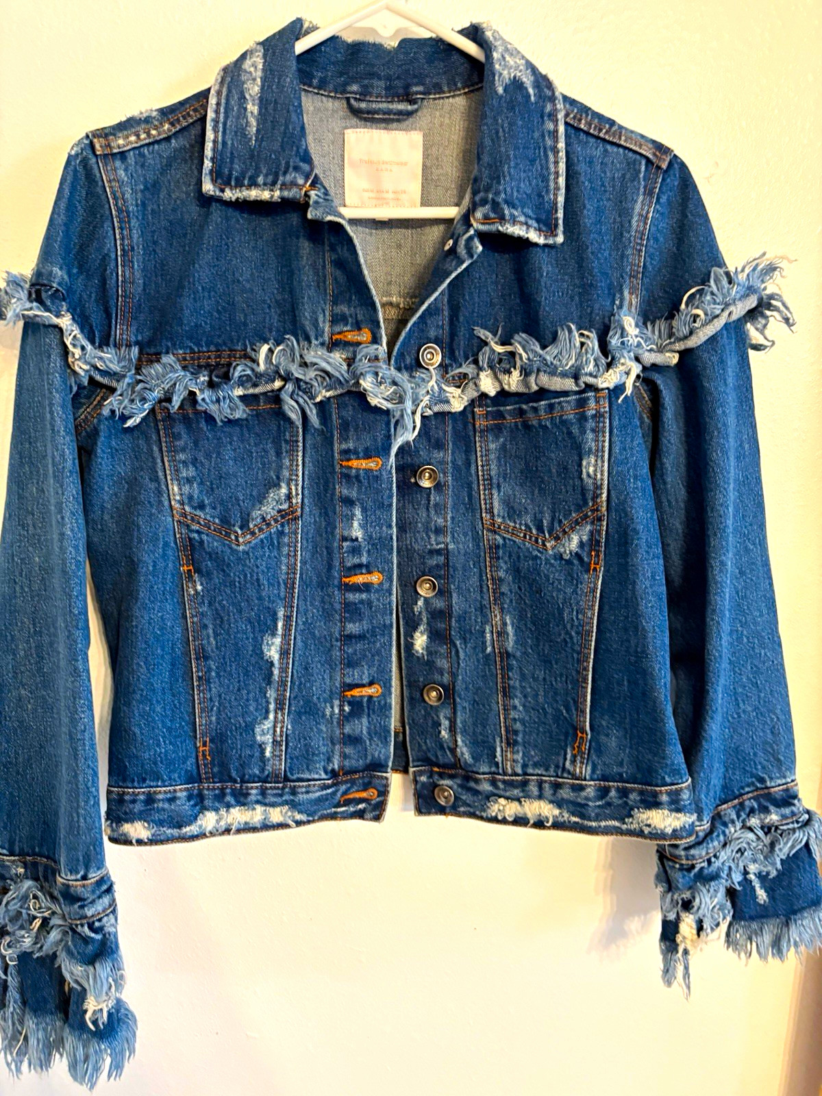 ZARA Trafaluc Women’s Blue Fringe Button-Front Collared Jacket Pockets M