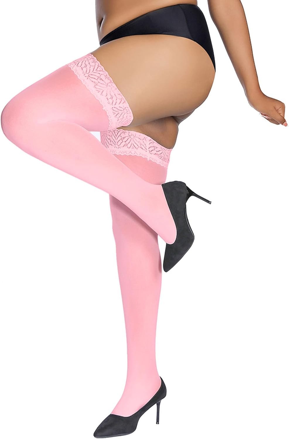 Plus Size Thigh High Stockings, Semi Sheer Stay up Lingerie Lace Top Pantyhose f