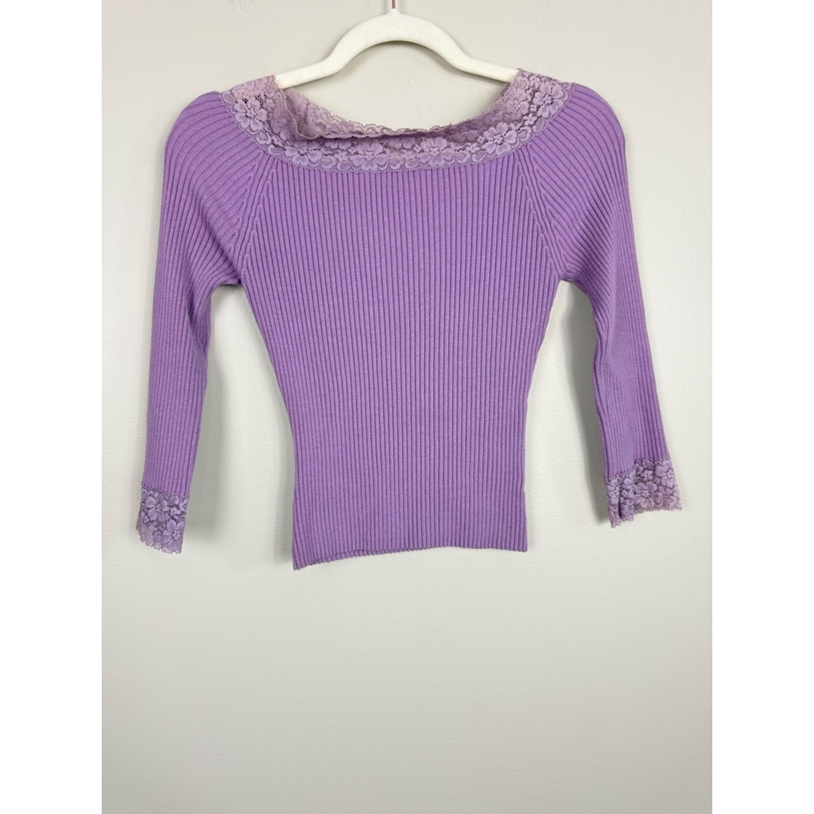 Coppy Key Lace Off the Shoulder Top Medium Y2K Lilac Ribbed Lace-Trim Knit