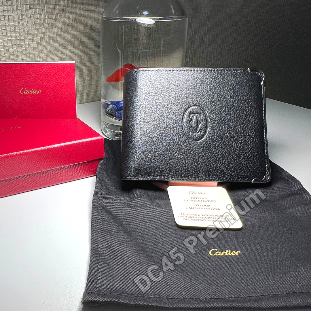CARTIER Black Leather Bifold Wallet Must De Cartier Silver Tone Corners