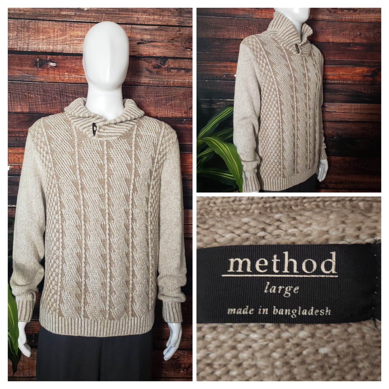 Method Sweater Size Large Beige Textured Knit Shawl Collar Toggle Button