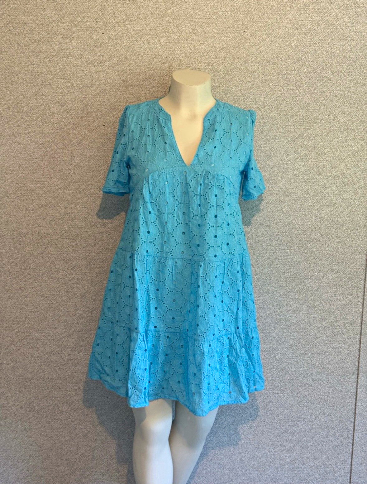 Flamingals Blue Floral V-Neck Puff Sleeve Eyelet Embroidered A-Line Dress S