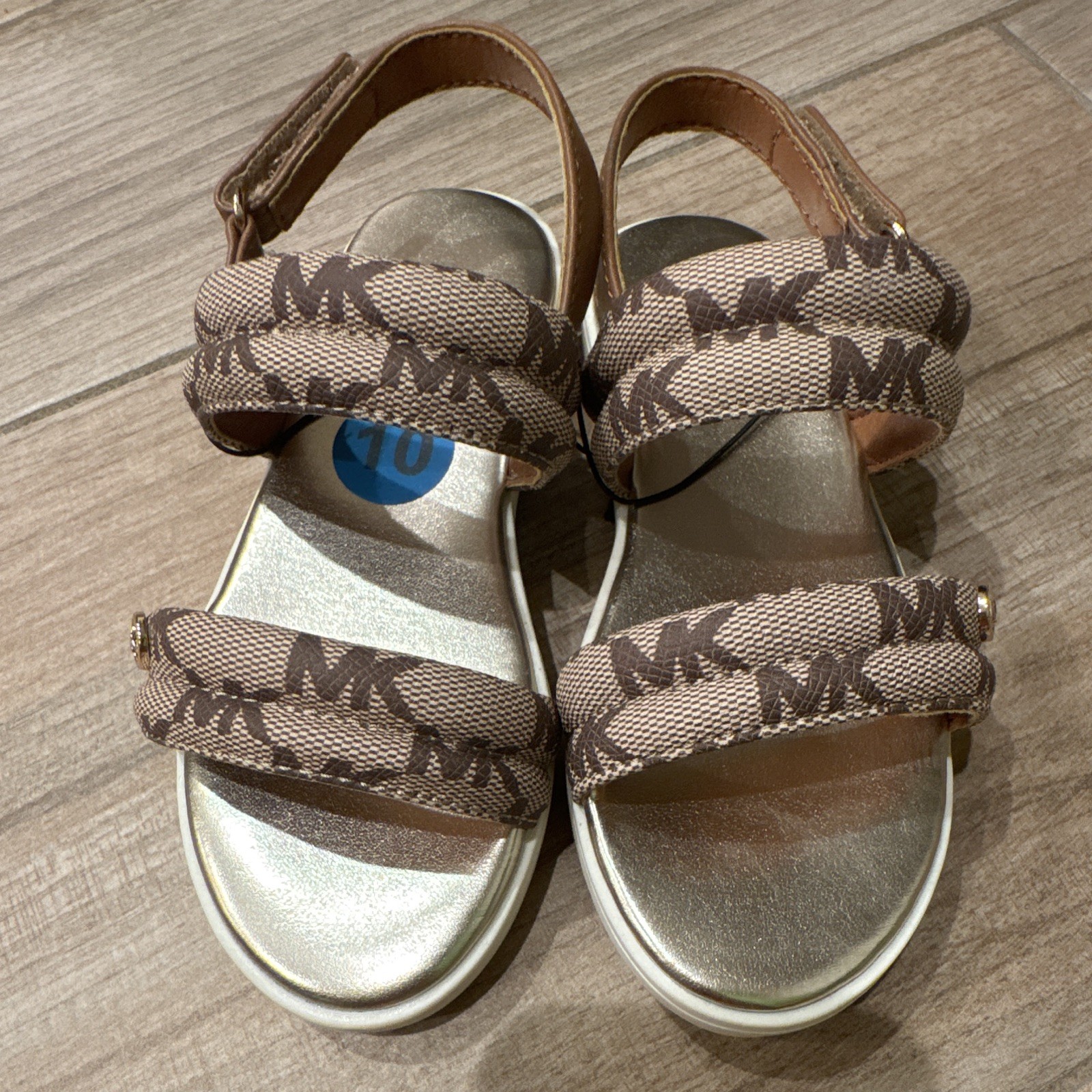 MICHAEL Michael Kors Girls Brown/Gold Logo Strappy Sandals Hook & Loop US 10