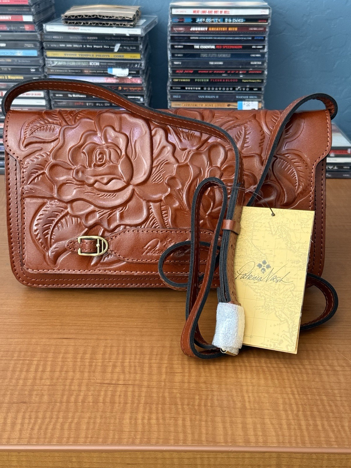 Patricia Nash Crossbody Bag Rose Tooled Leather British Tan Illina NWT