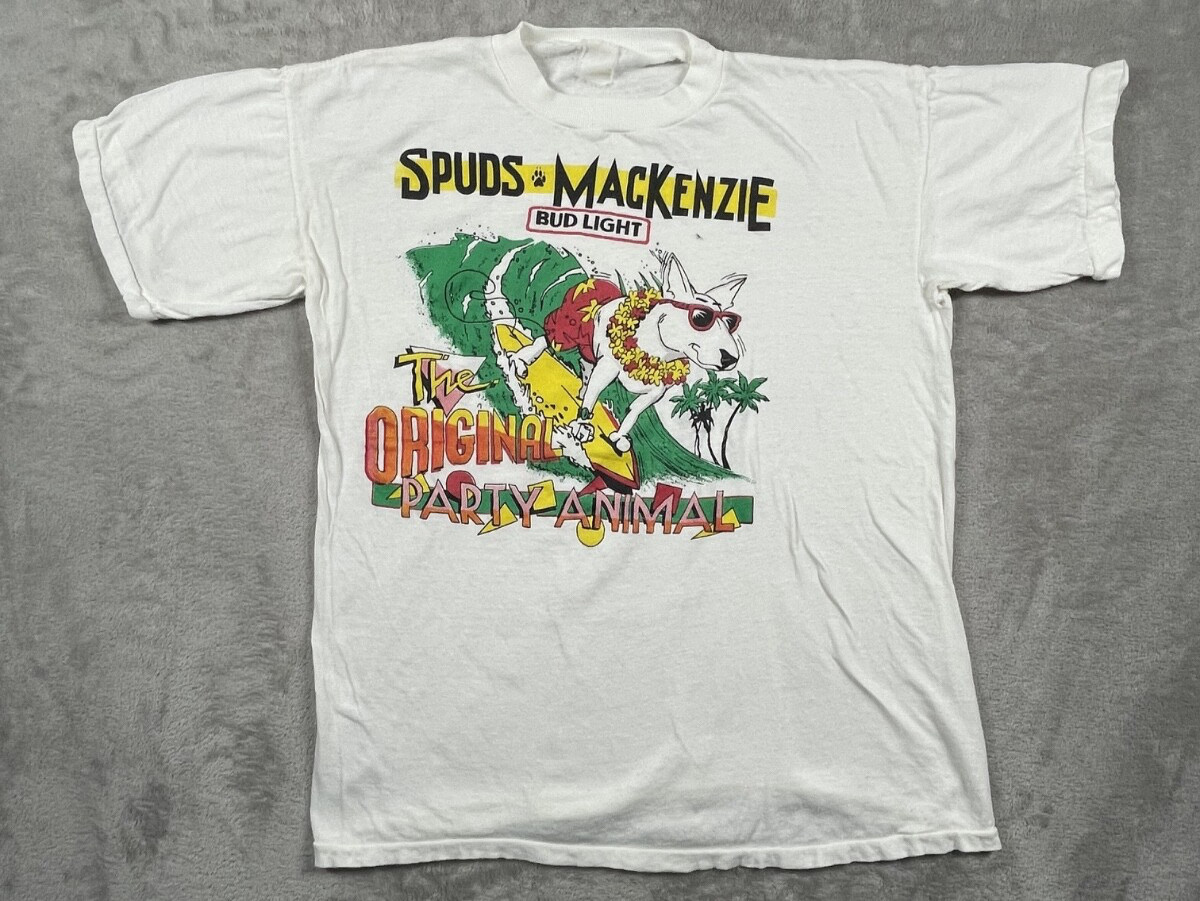 Vintage 1987 Spuds Mackenzie BUD LIGHT Party Animal White Shirt Surf Dog Beer