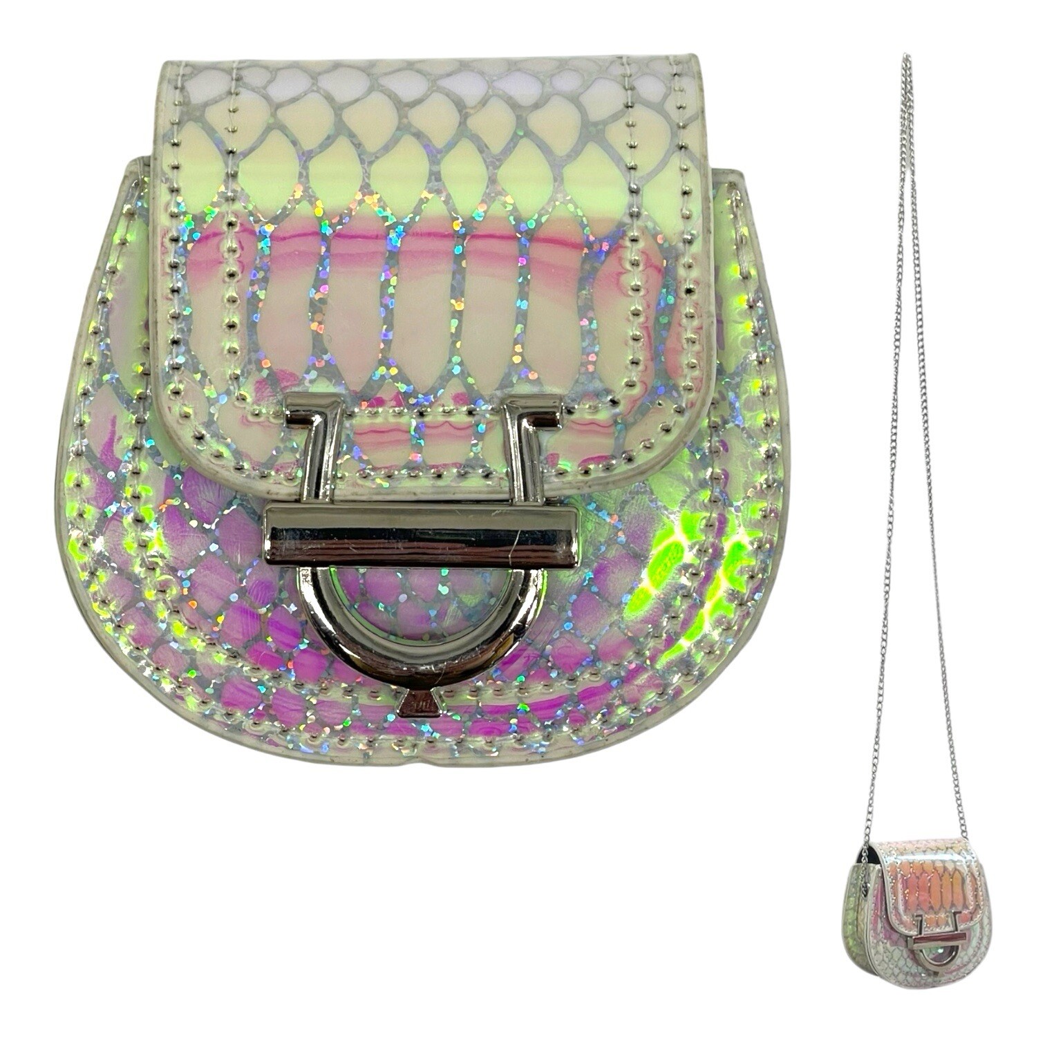 XS Iridescent PVC Faux Leather Coin Wallet Mini Crossbody Bag Saddle Chain Strap