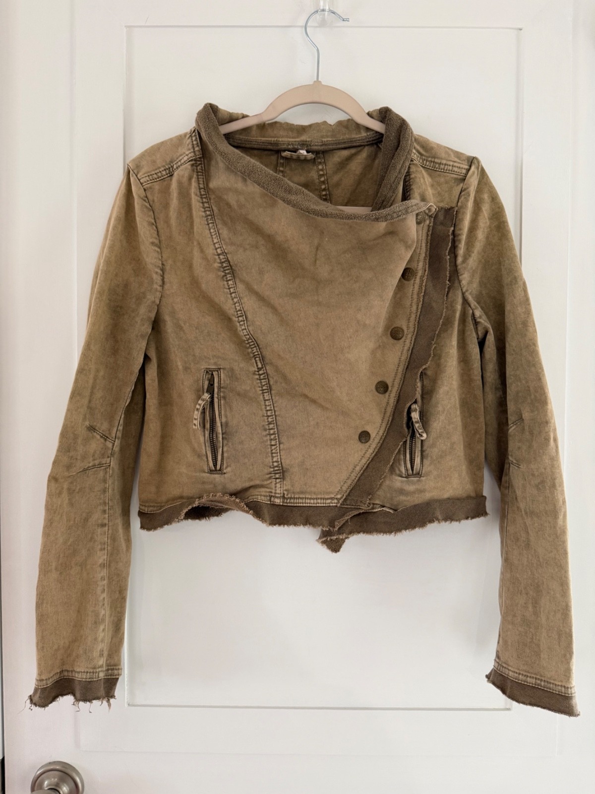 Free People Collapsing Twill Asymmetrical Moto Military Jacket Lt Brown/Tan S