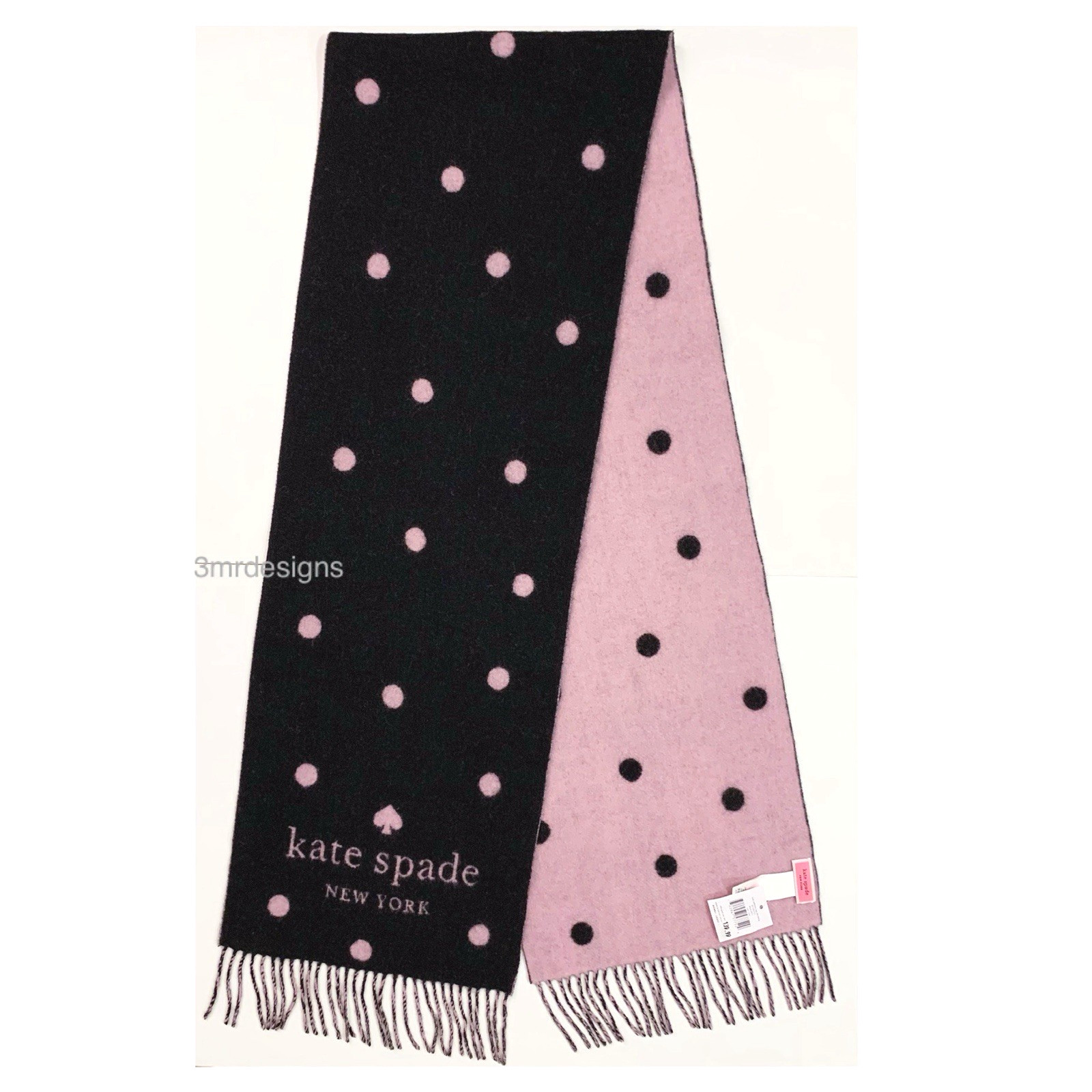 NWT Kate Spade Black/Pink Logo Dot 90% Wool/10% Cashmere Soft Large Oblong Scarf