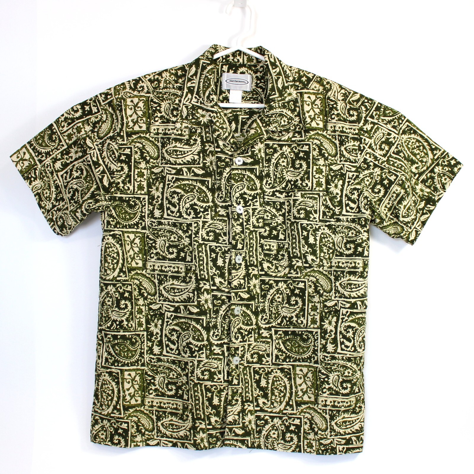 Surf Waves Hawaiian Shirt Mens L Chest 47 in Retro Green Paisley Soft Aloha