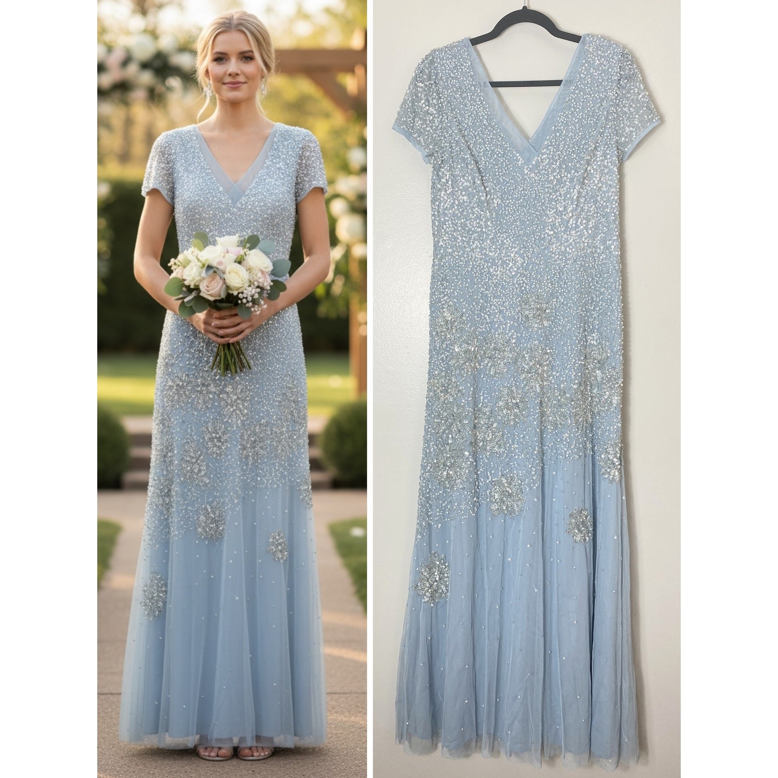 NWT Adrianna Papell Dress 12 Blue Wedding Guest Sequin Beaded Gown Formal Floral