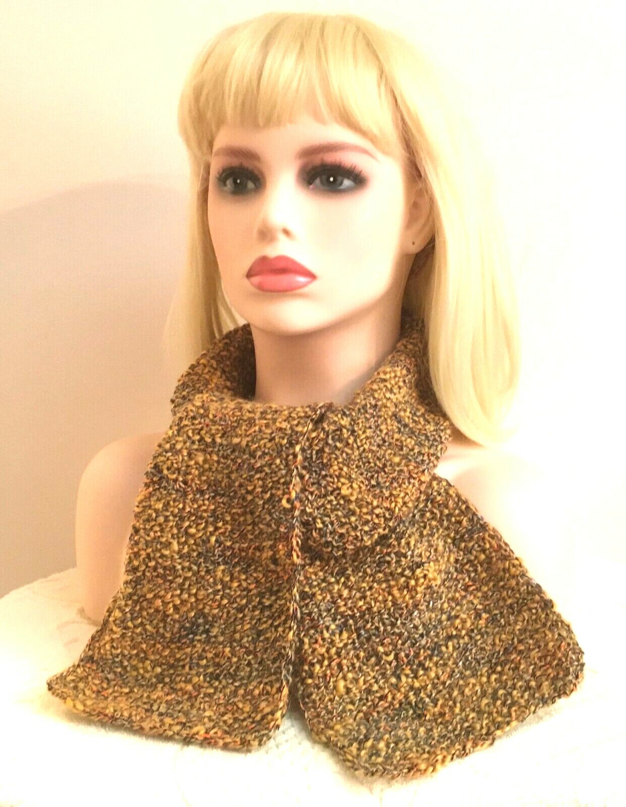 YELLOW BROWN SCARF NECK WARMER WINTER FALL NEW HAND KNITTED ENGLAND WOOL MOHAIR