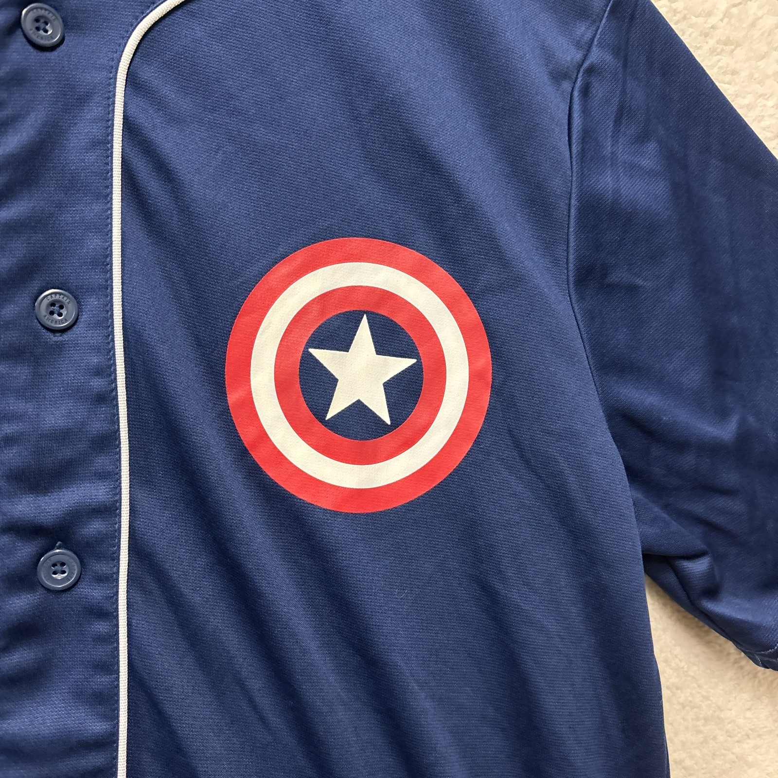 Marvel Captain America Baseball Jersey Mens Medium Blue Button Up Mad Engine Pat