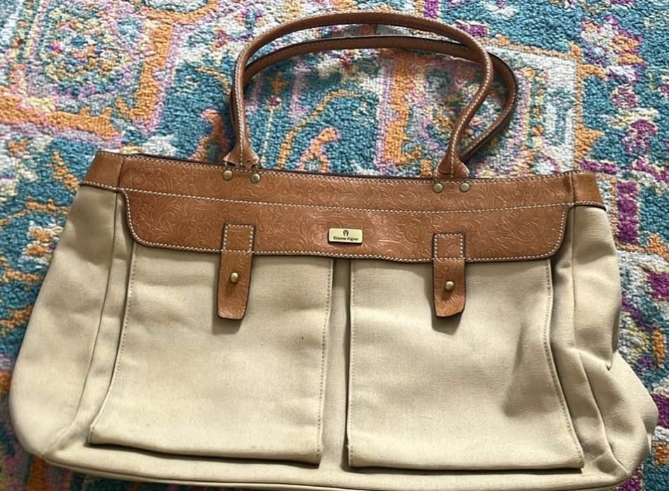 Etienne Aigner Beige/Brown Tote Zip Top Double Handles Gold Hardware Pockets