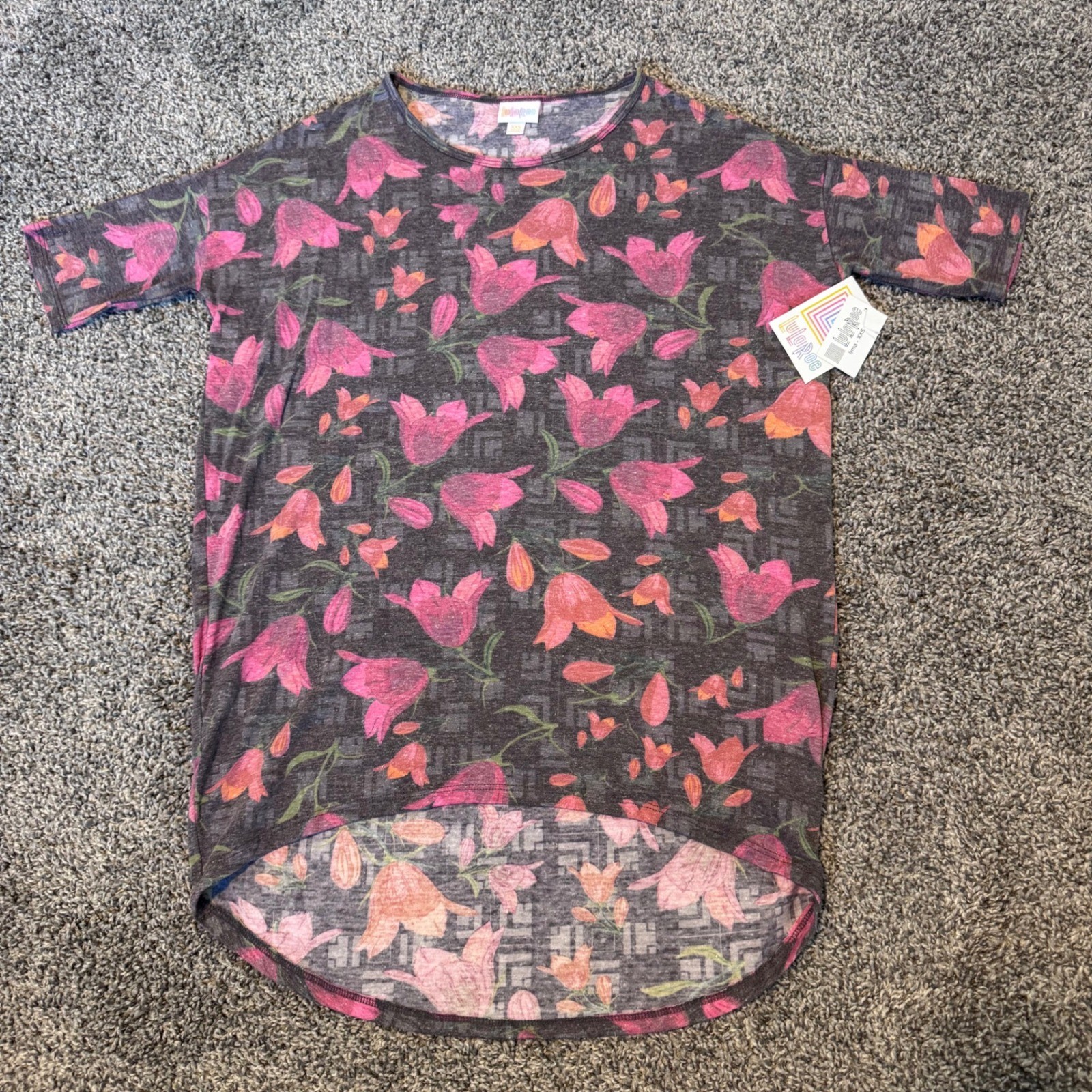 NWT LuLaRoe Irma Oversized Tee Women’s Size XXS Floral Print Cotton Blend Hi Low