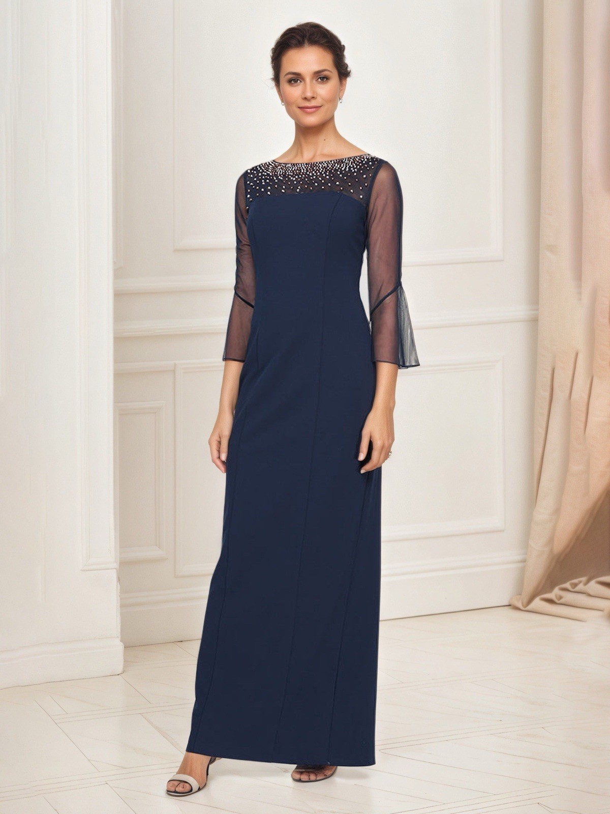 Alex Evenings Elegant Navy Embellished Mesh-Sleeve Dress mother of bride Sz 4