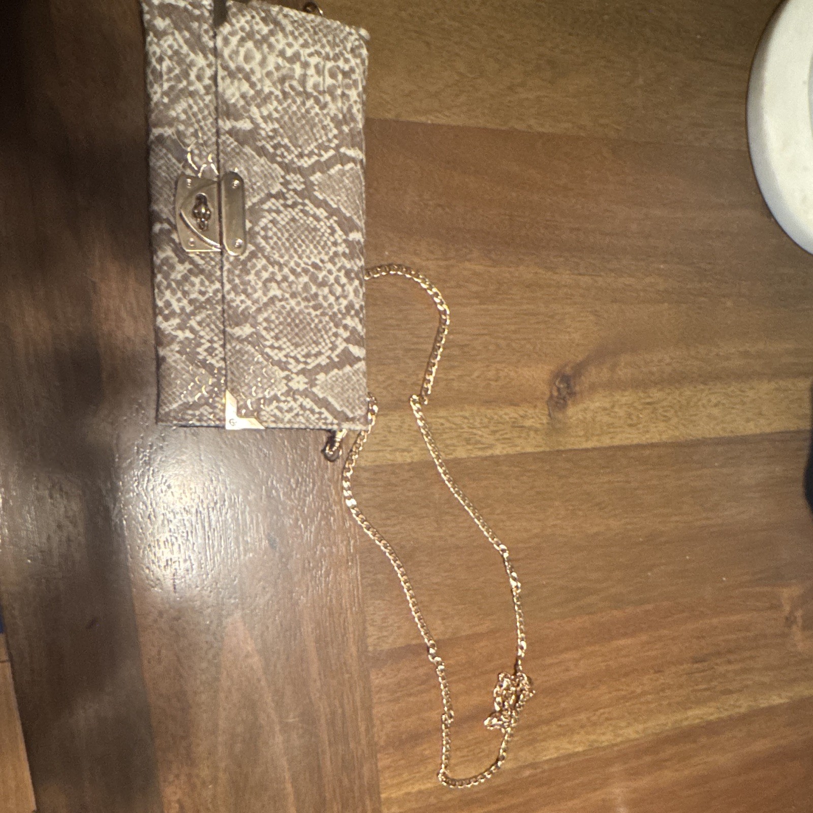 Beige/Brown Snakeskin Animal Print Clutch w/ Gold Chain Strap, Lock, Lined