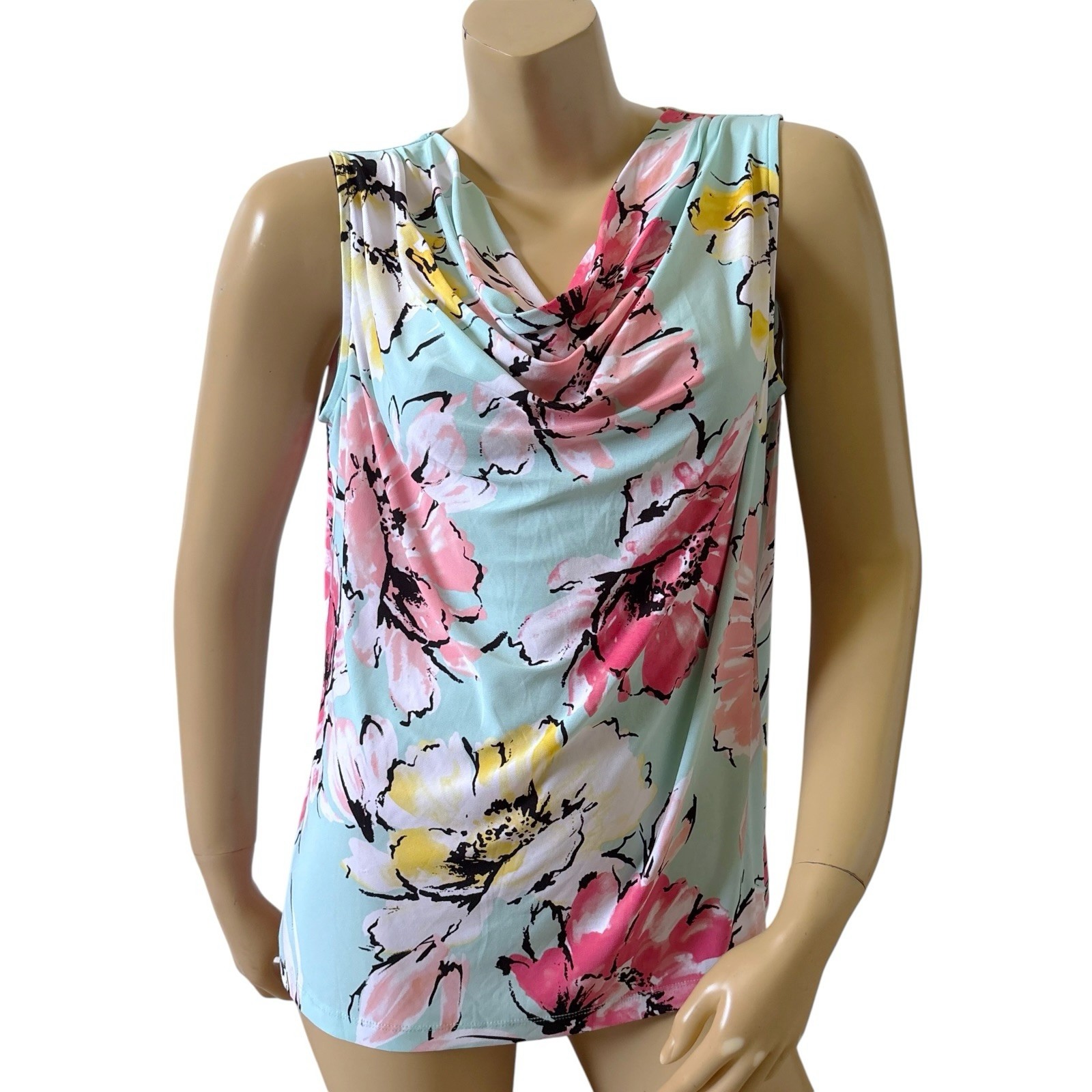 Black Label Evan Picone Top Womens Large Floral Sleeveless Cowl Neck Blouse