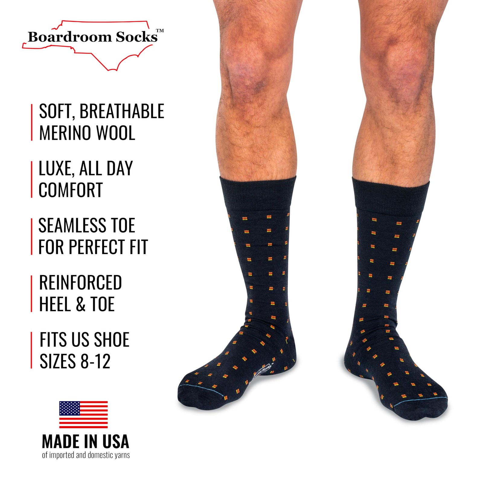 BoardroomSocks Merino Wool Mid-Calf Patterned 8-12, Navy With Orange Squares