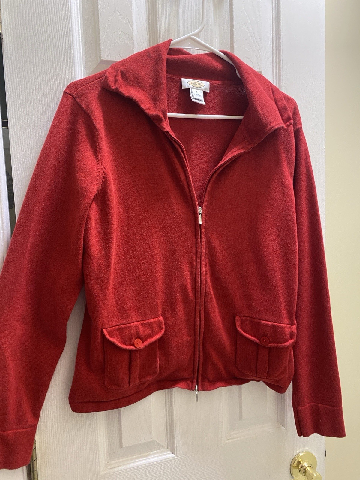 Woman’s Talbots L Red Knit Crew Zip up Cotton Sweater side pockets 2 Zippers
