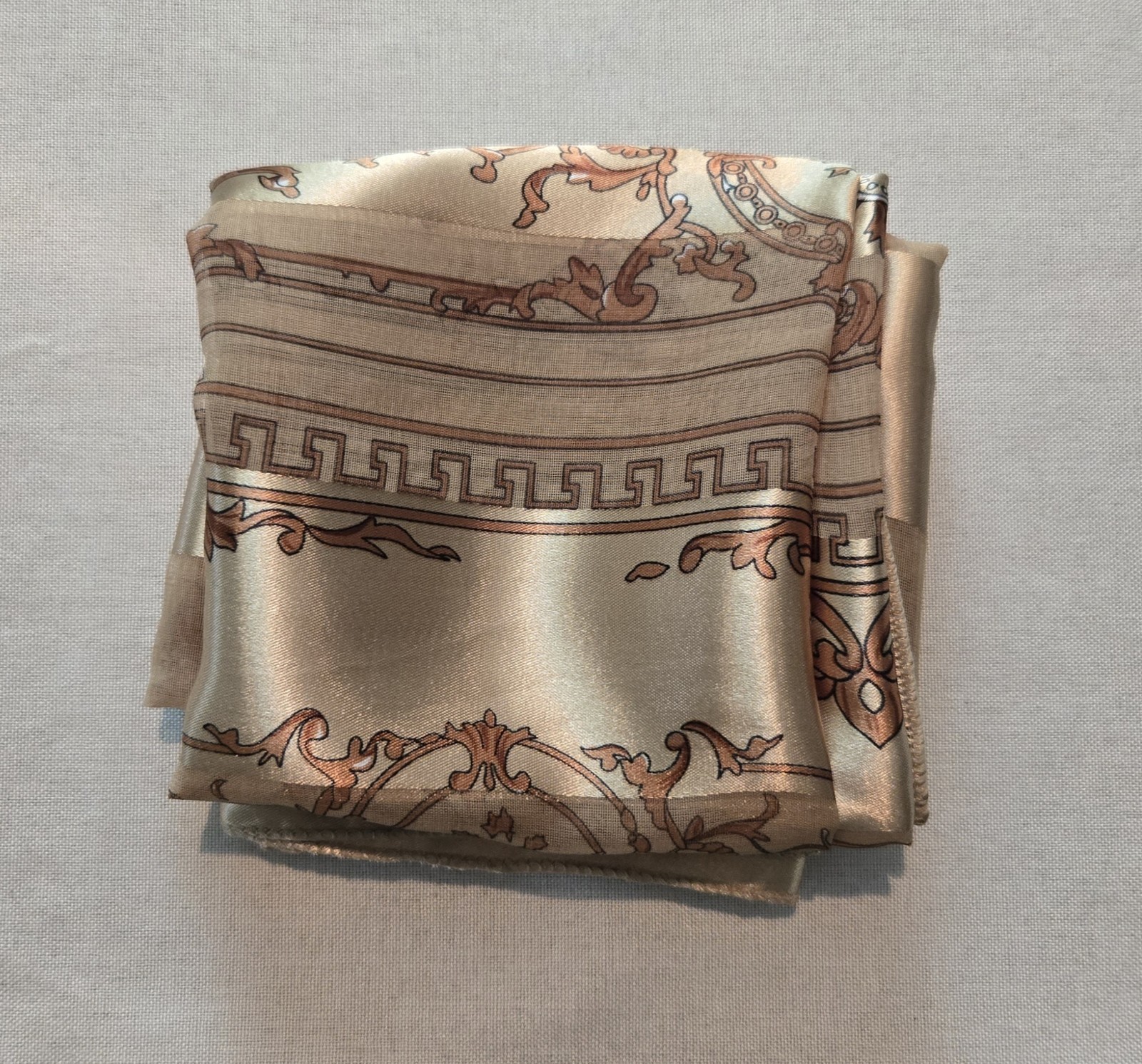 Vintage Scarf Gold Tan & Brown Design Striped Satin Roma Italy 40 X 40 Square
