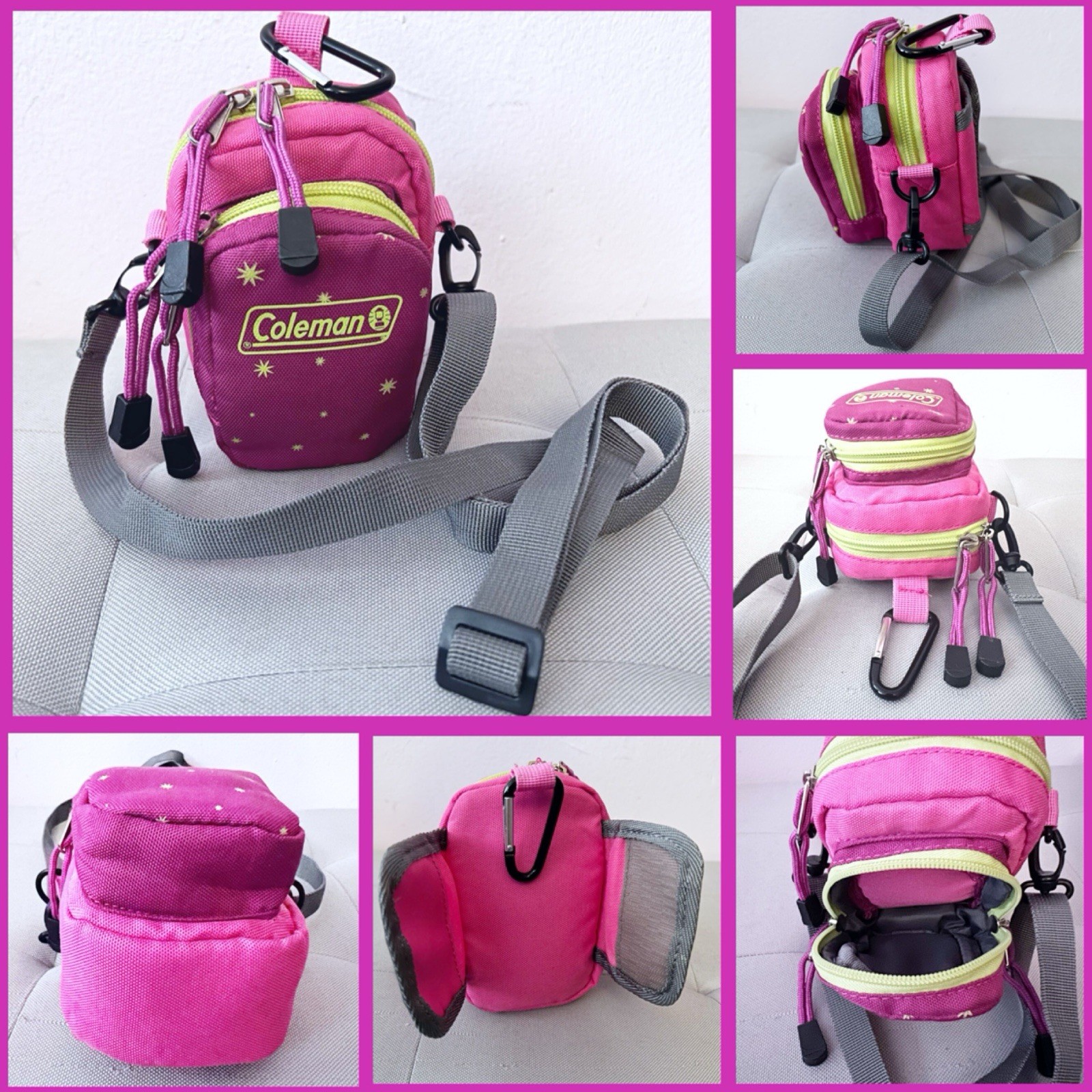 Coleman Pink Fushia Mini Crossbody Bag Lime Zipper Accent