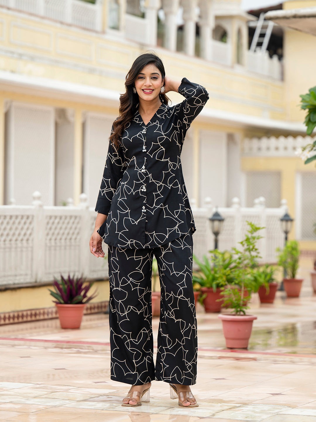 Black Printed Muslin Co-Ord Set for Women Summer Vacation Lounge Wear