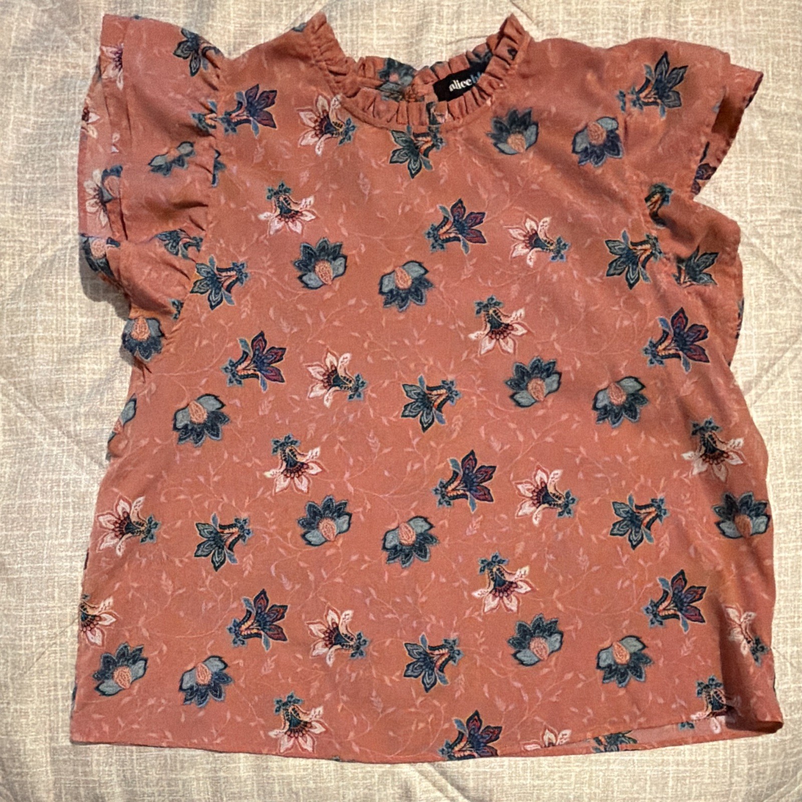 Alice Blue Women’s Pink Floral Ruffle Round Neck Flutter Sleeve Blouse L