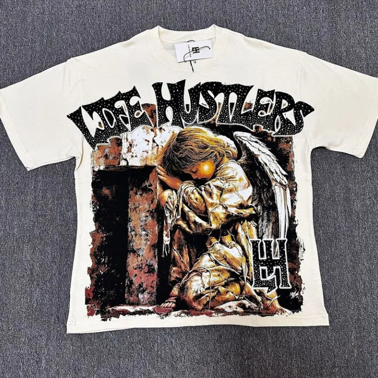 NEW Life Hustlers Cupid print letter Rhinestone Short sleeve Mens Casual T-shirt