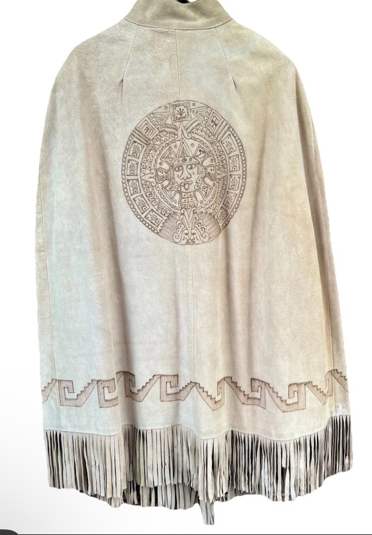 Vintage 70’s Suede Leather Native Art Pyrography Poncho Cape With Fringe Med-Lrg