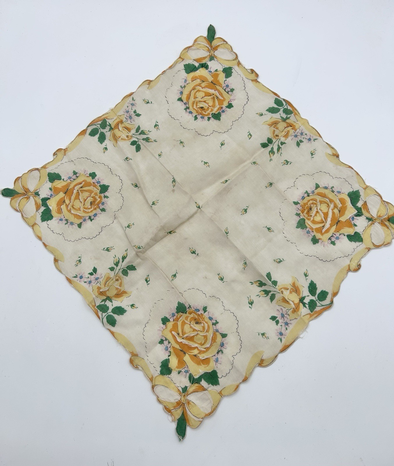 Vintage 50s Yellow Rose Handkerchief 13″x13″