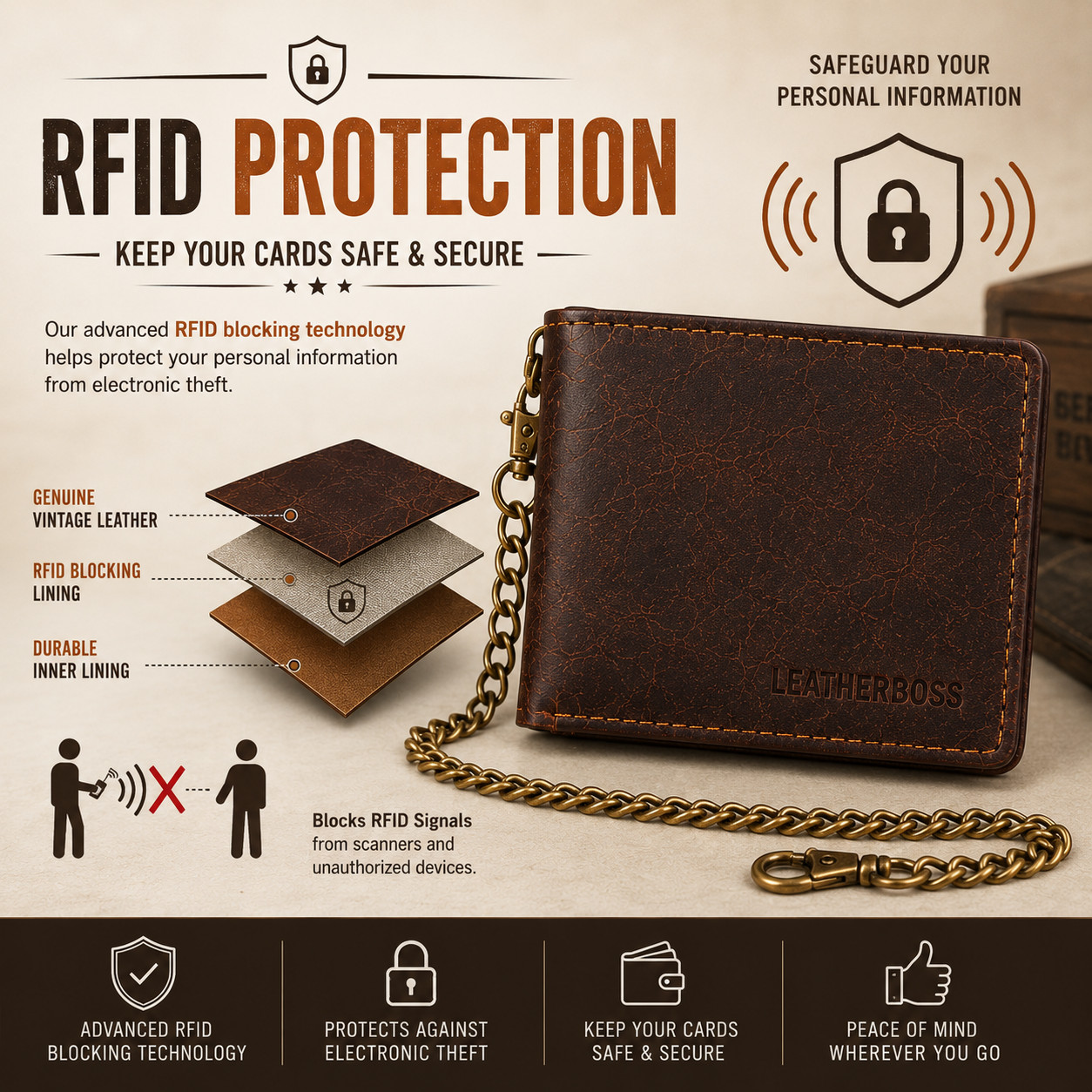 Men’s Genuine Hunter Leather Biker Long Chain Wallet with RFID Blocking Bifold