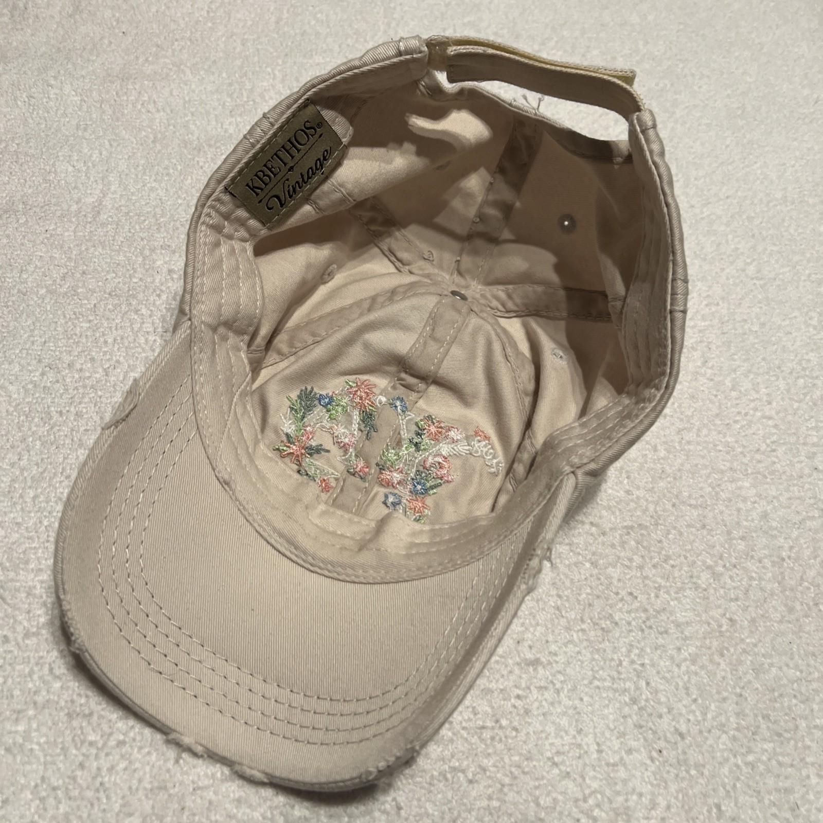 Kbethos VIntage Hey Yall Hat Distressed Cap Ball Adjustable Beige Floral Stitch