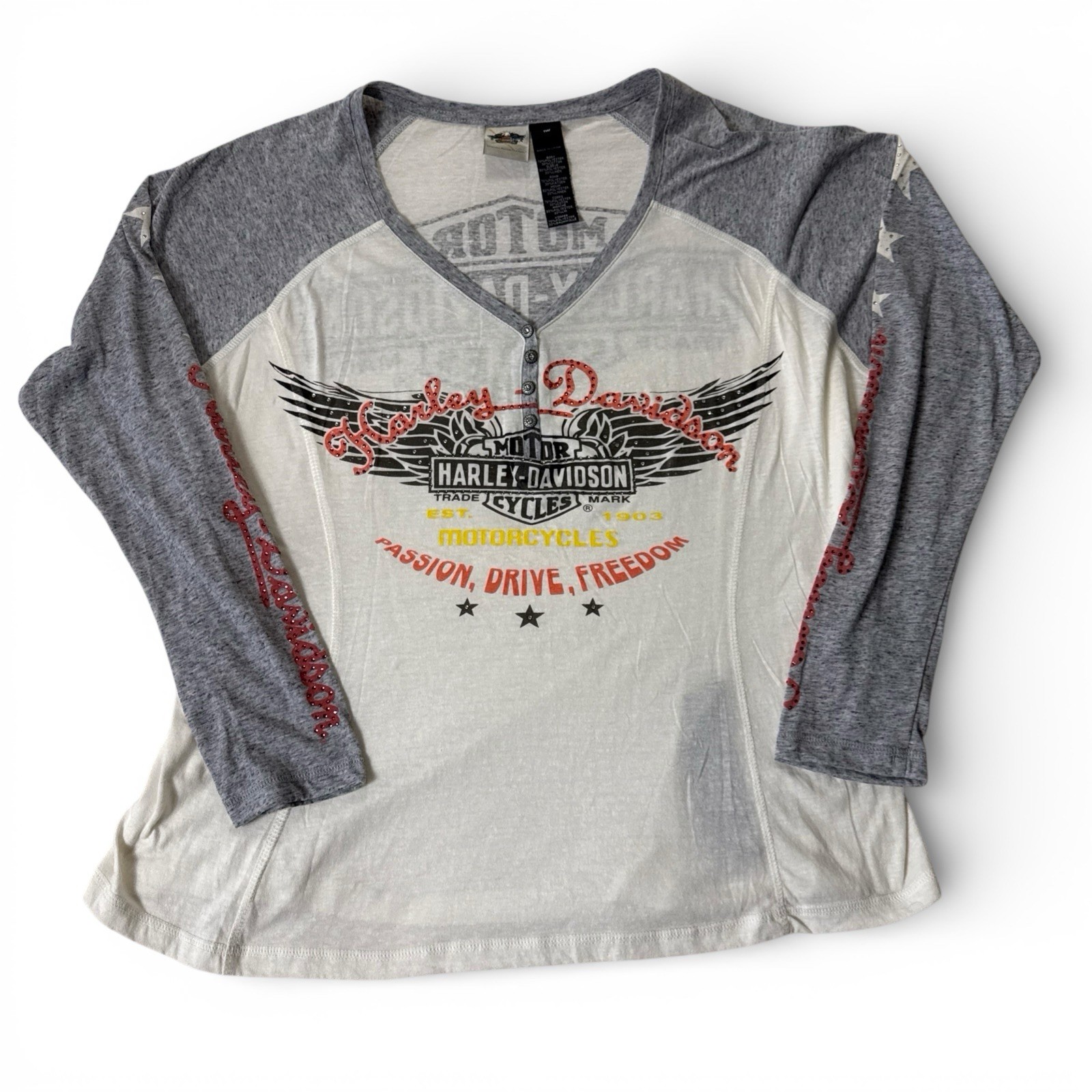 Harley Davidson Women’s White Gray Long Sleeve Bedazzled Jeweled Shirt 1W 18-20