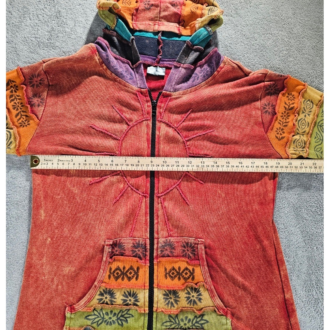 GreaterGood Boho Patchwork Zip Up Hoodie Sun Embroidery Nepal Jacket L/XL