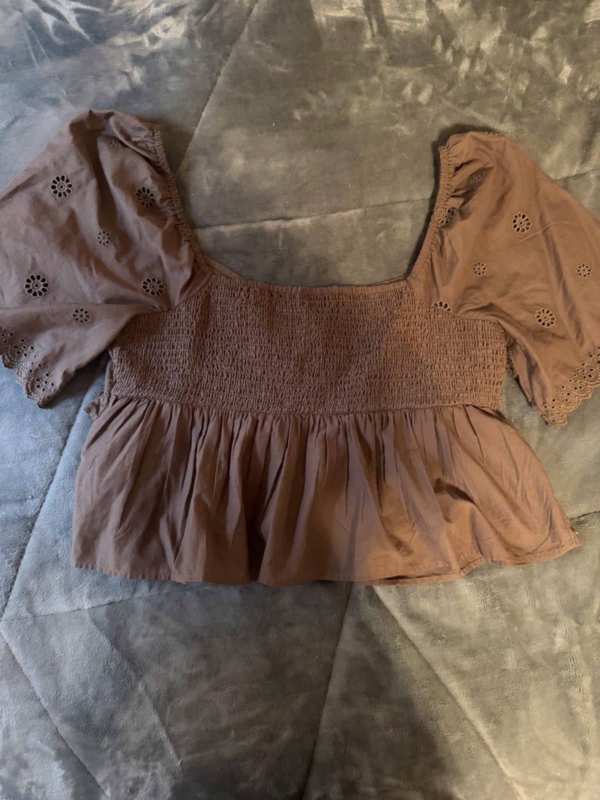 American Eagle Brown Ruffle Smocked Square Neck Puff Sleeve Blouse