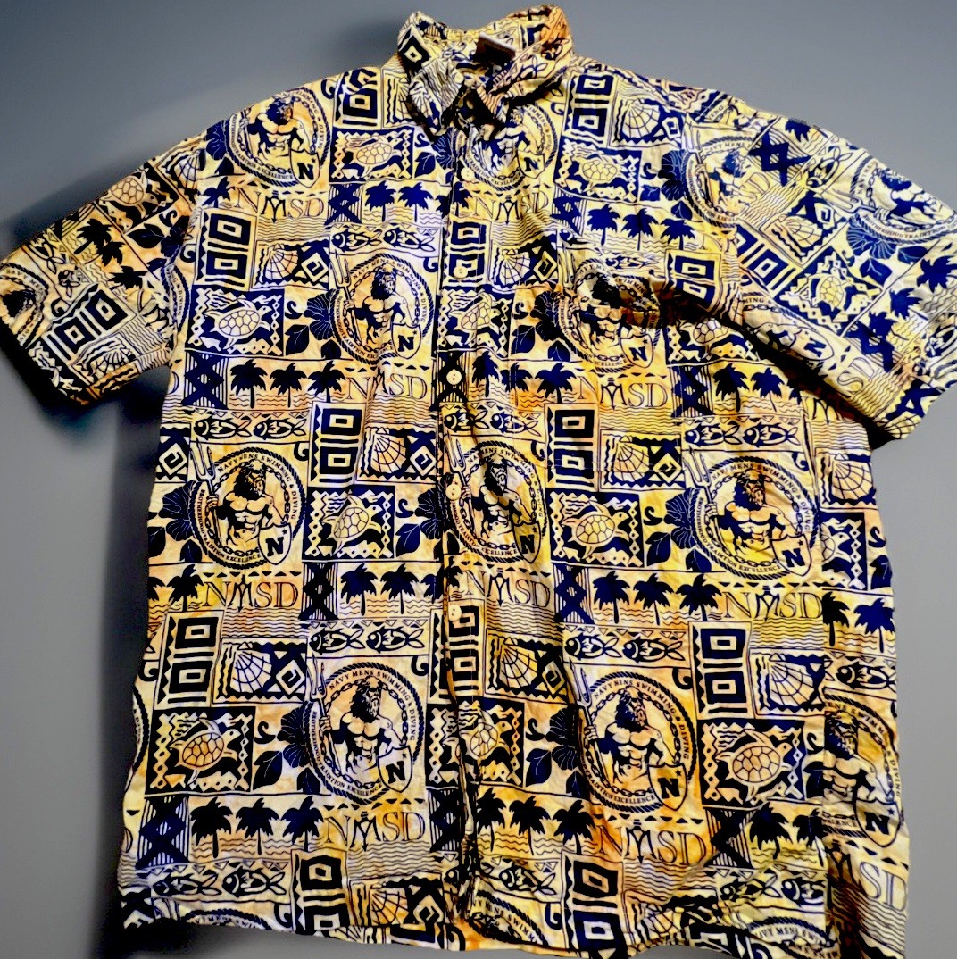 SunDog Hawaiian Shirt Mens Large Yellow Blue Tropical Island Aloha Button Up