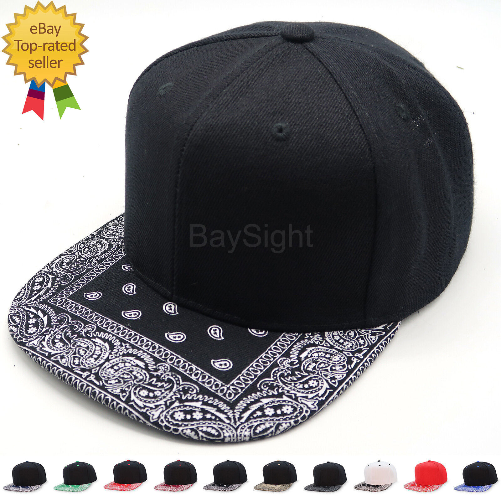 Mens Baseball Cap Snapback Adjustable Bandana Paisley Hat Solid Black Flat Bill