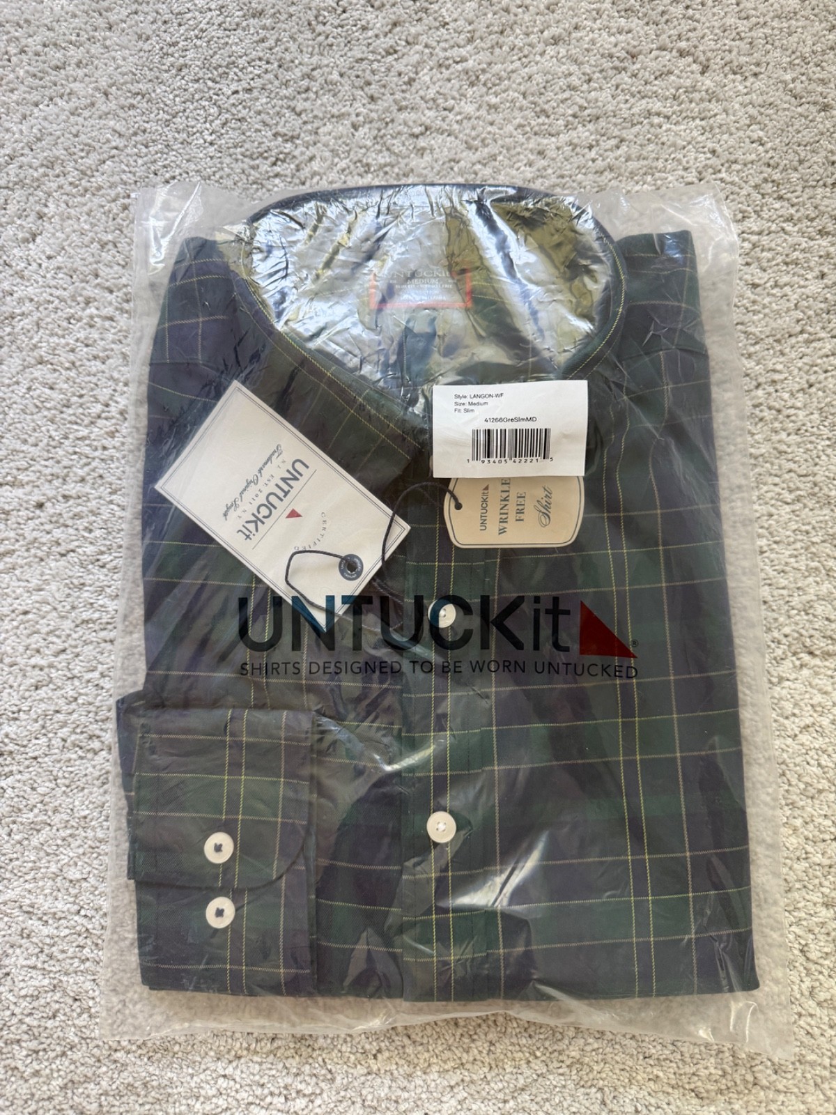 UNTUCKit Button Down Shirt Mens Medium Langon-WF Green Navy Plaid Wrinkle Free