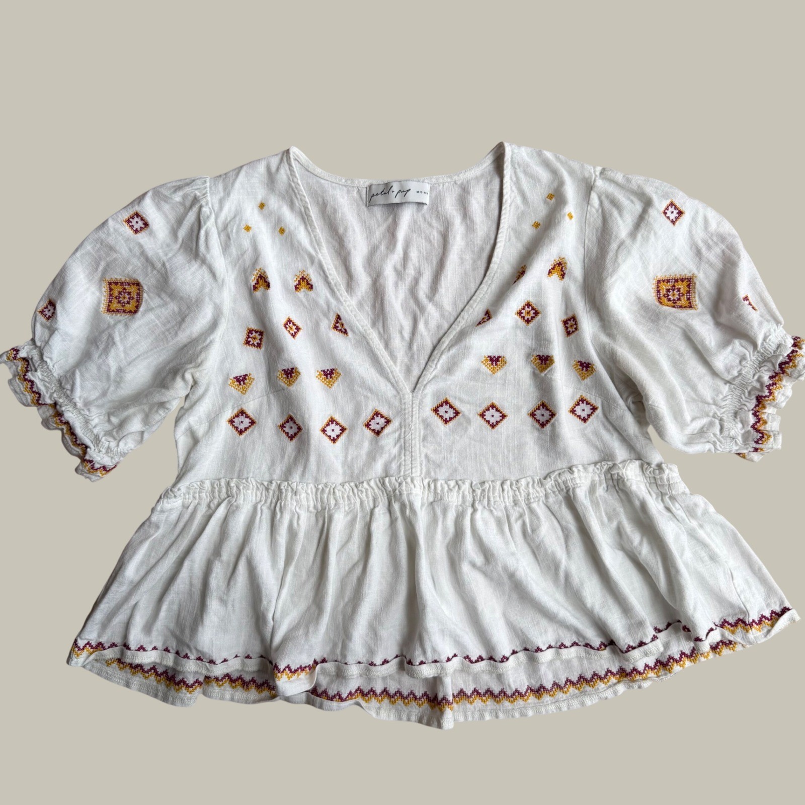 Petal & Pup Dawston Top White Embroidered V-Neck Boho Linen Blend Peplum Blouse