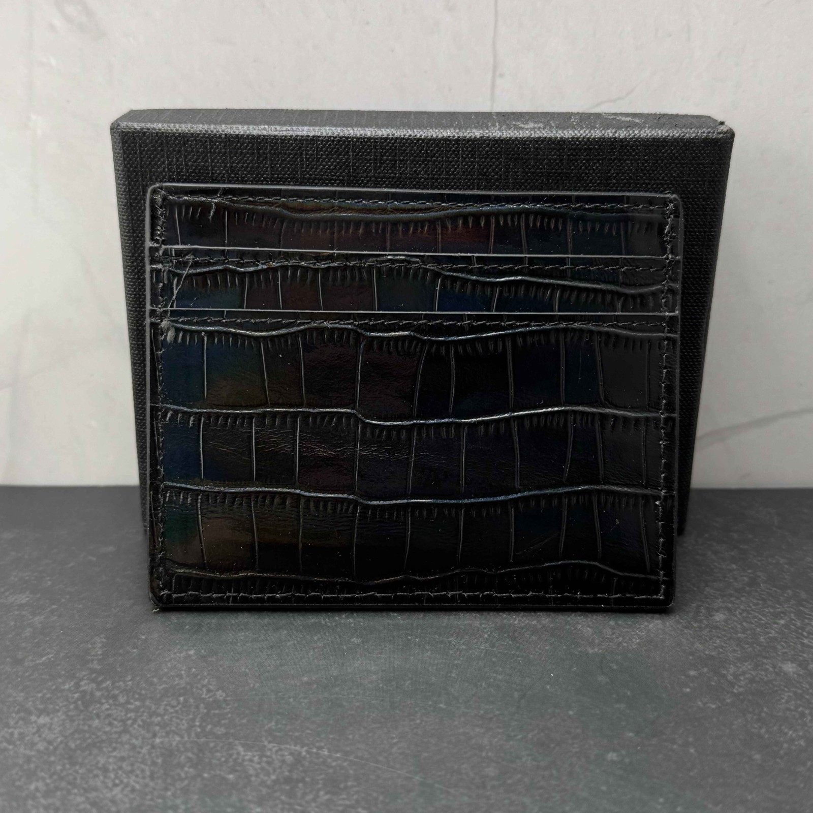 Saint Laurent Cassandre Card Case Glossy Black Croc Embossed Leather Logo