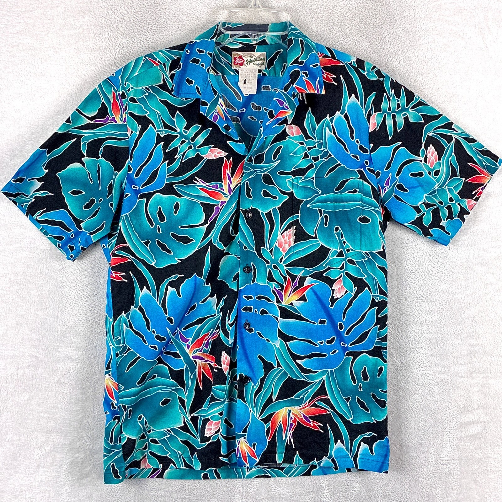 VTG Hilo Hattie Hawaiian Shirt Men M Blue Green Leaf AOP Aloha Tiki 80s USA