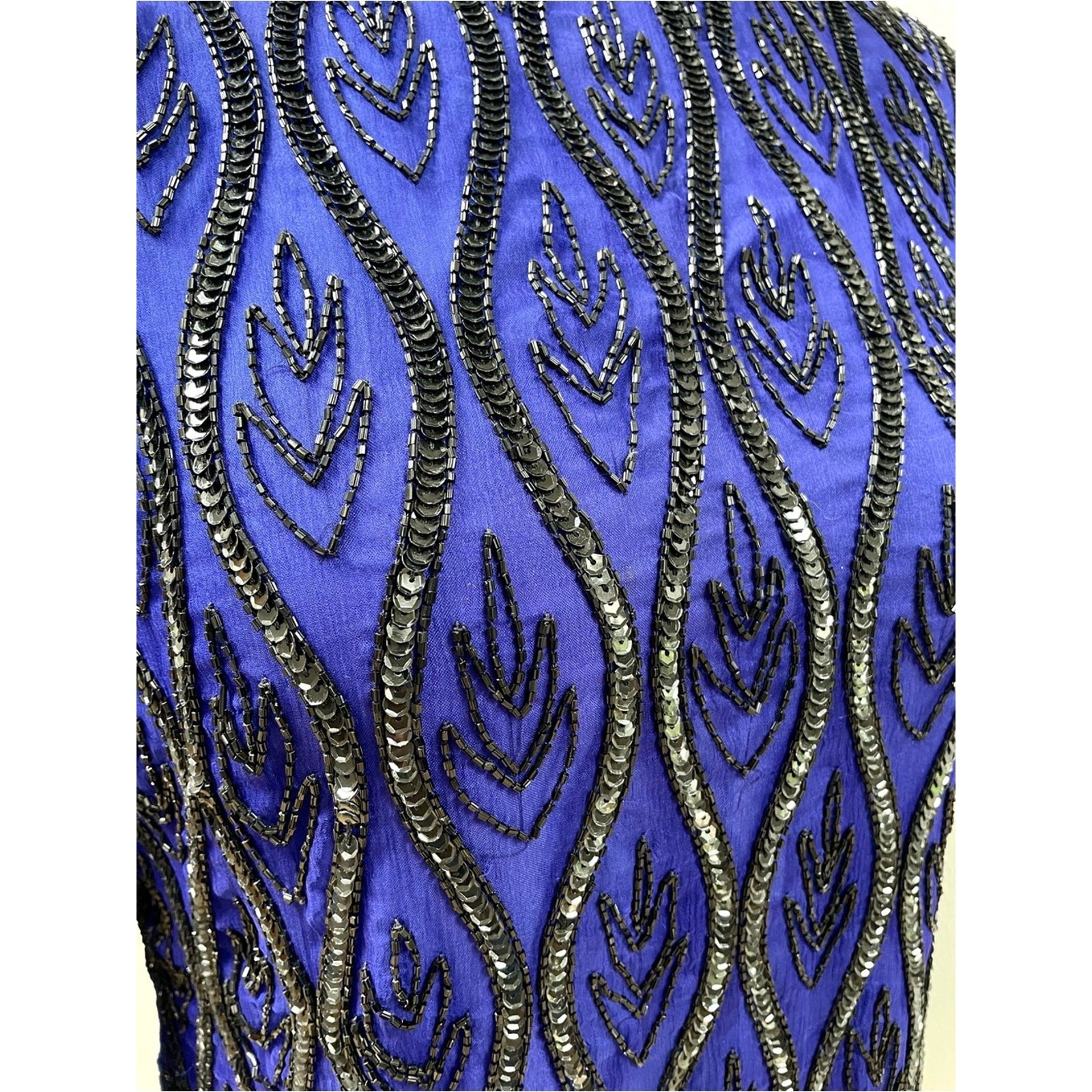 80s 90s Vintage Stenay Beaded Silk Blue Long-Sleeve Evening Top Women’s Medium P