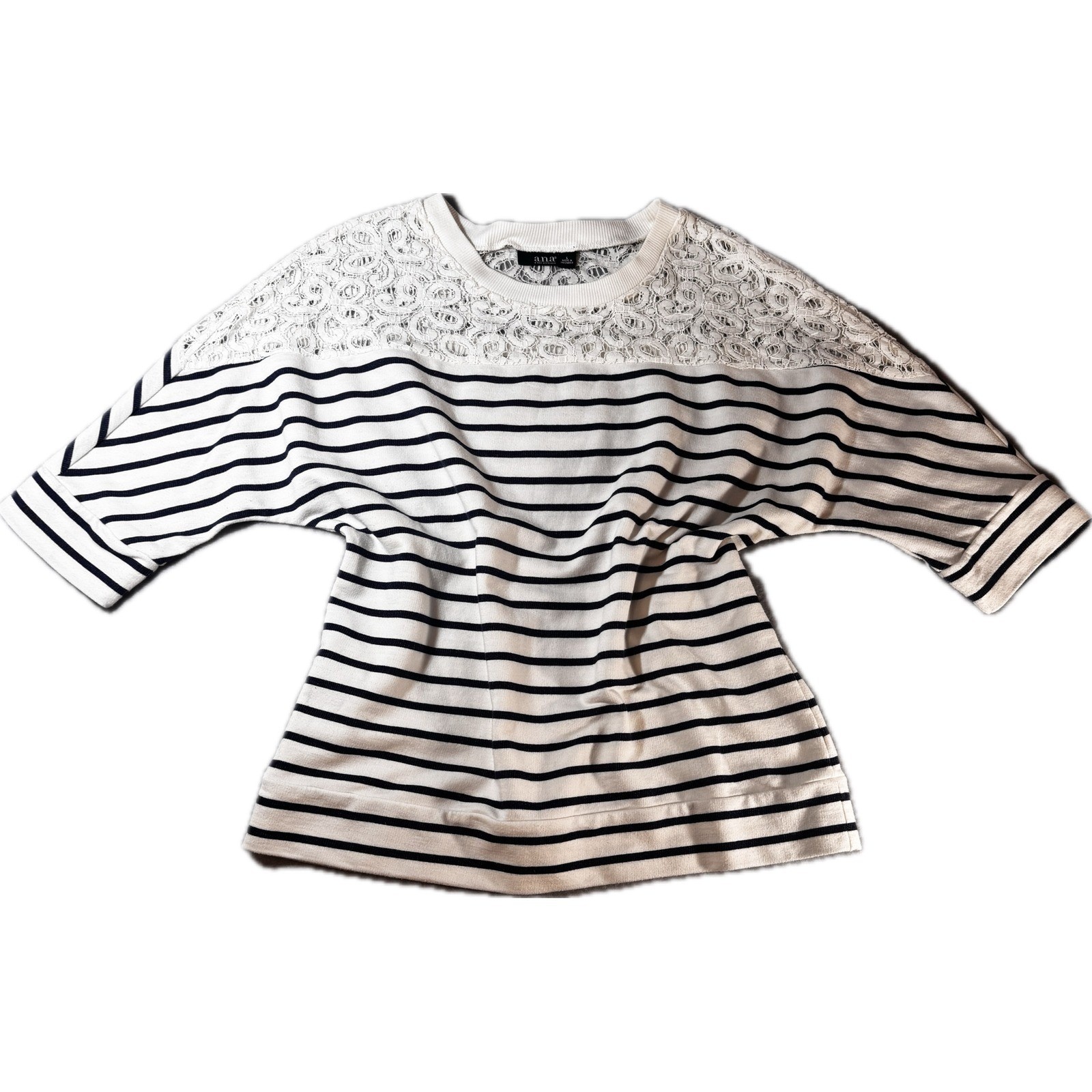 ana A New Approach Striped Lace Yoke Batwing Sleeve Top White Navy Large
