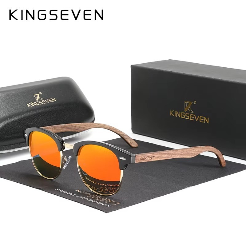 KINGSEVEN Polarized Walnut Wood Sunglasses UV400 Round Frame Men Women