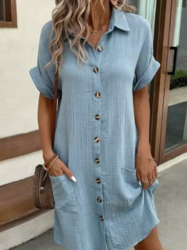 V Neck Button Front Midi Dress Short Sleeve Cotton Casual A Line Sundress