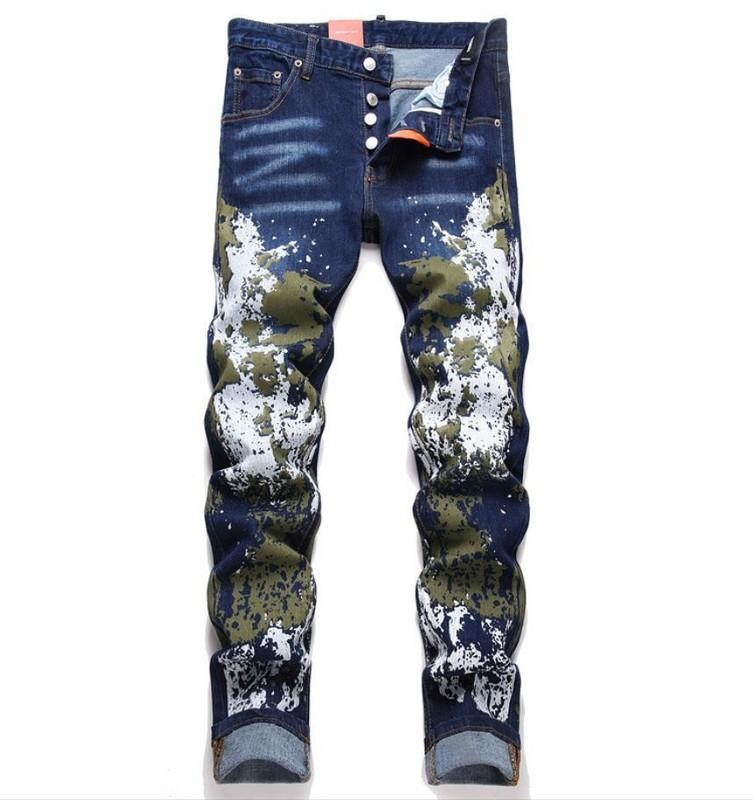 Men’s Blue Denim Jeans Printed Straight Leg Stretch Casual Punk Hip Hop Trousers